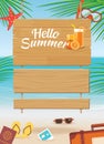 Summer wooden sign on tropical beach background