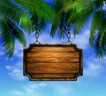 Summer wooden sign on tropical beach background