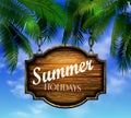 Summer wooden sign on tropical beach background