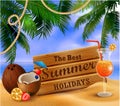 Summer wooden sign on tropical beach background