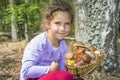 In the summer in the woods a little girl collected a basket of m Royalty Free Stock Photo