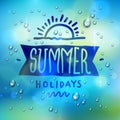 Summer word drawn on a window, water rain drops or condensate macro over blurred blue background, vector 3d realistic transparent Royalty Free Stock Photo