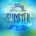 Summer word drawn on a window, water rain drops or condensate macro over blurred blue background, vector 3d realistic transparent Royalty Free Stock Photo