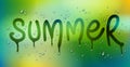 Summer word drawn on a window, water rain drops or condensate macro over blurred green background, vector 3d realistic transparent