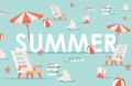 Summer word flat banner template. Summertime leisure, seasonal recreation, beach party poster concept. Royalty Free Stock Photo