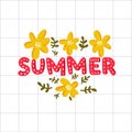 Summer word - lettering inscription and hand drawn yellow flowers on white squared paper background. Royalty Free Stock Photo