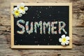 SUMMER word made from colorful gravel on black chalk board