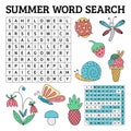 Summer word search game for kids in vector