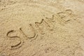 Summer word written on the sand at the beach, natural background Royalty Free Stock Photo