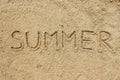 Summer word written on the sand at the beach, natural background Royalty Free Stock Photo