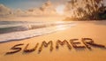 Summer word written in the sand on a tropical beach. Aestival season starts Royalty Free Stock Photo