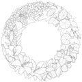 Summer wreath with beautiful flowers and strawberries. Hand drawn artwork. Black and white