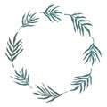 Summer wreath round frame with elegant palm leaves teal foliage silhouette. Seasonal laurel design. Hand drawn abstract vector