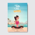 Summer yoga woman doing exercises sunrise relax landscape beach badge Design Label. Season Holidays lettering for logo