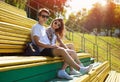 Summer young modern stylish couple in sunglasses rest Royalty Free Stock Photo