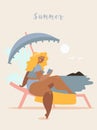 Girl is sunbathing on a beach bench and reading a book under umbrella