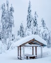 Summerhouse in winter under bank of snow in forest Royalty Free Stock Photo