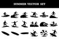 Summerthemed vector illustration set featuring surfers and waves in dynamic poses for surfing activities Royalty Free Stock Photo