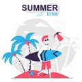 Summertime activity isolated cartoon concept. Man surfer resting on beach on vacation, people scene in flat design. Vector Royalty Free Stock Photo