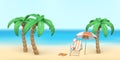 Summertime background. Summer 3d realistic render vector objects. Palm trees,  striped beach chairs and slippers. Vector Royalty Free Stock Photo