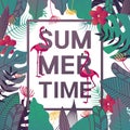 Summertime banner with flamingo, typography, and tropical leaves