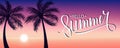 Summertime banner with handwritten inscription Hello Summer, sunset and palm trees.