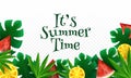 Summertime banner or poster design decorated with lemon, watermelon slice illustration and green leaves.