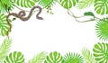 Summertime banner with tropical leaves, exotic animals snake and chameleon, empty place for text