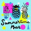 Summertime Bar. Modern Calligraphic Hand Drawn Restaurant, Cafe, Beach Shack Sign Design With Pineapples On Bright Abstract