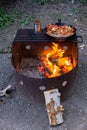 Summertime camp meal open fire cast iron skillet Royalty Free Stock Photo