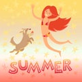 Summertime card. Cartoon girl with a dog and text. Vector illustration