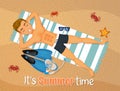 Summertime card with man lying on the mat at the beach