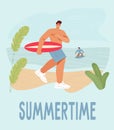 Summertime card or poster with surfer rushing to the beach flat vector illustration.