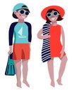 Summertime. Children`s vacation at the sea. Sun protection clothing. Fins for swimming in the hand. Vector illustration