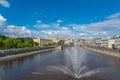 Summertime Cityscape in the Capital of Russia Moscow. Fountains in river Moscow Royalty Free Stock Photo