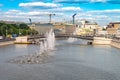 Summertime cityscape in the capital of Russia Moscow. Fountains in river Moscow Royalty Free Stock Photo