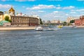 Summertime cityscape in the capital of Russia Moscow. Fountains in river Moscow Royalty Free Stock Photo