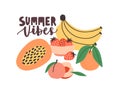 Summertime composition with Summer Vibes handwritten slogan and delicious fresh ripe organic tropical exotic fruits and