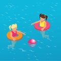 Summertime concept. Funny little girl swims in a pool in an orange life preserver. Flat 3d vector isometric illustration