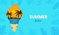 Summertime Concept With Sun Beach View Inside Ice Cream Cone On Blue Tropical Leaves Royalty Free Stock Photo