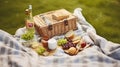 Summertime Feast, Captivating Close-up of Food, Drinks, and a Picnic Basket on a Grassy Blanket, Setting the Perfect Park Picnic Royalty Free Stock Photo