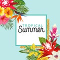 Summertime Floral Poster. Tropical Flowers and Palm Leaves Design for Banner, Flyer, Brochure, Fabric Print Hello Summer