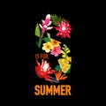 Summertime Floral Poster. Tropical Flowers and Palm Leaves Design for Banner, Flyer, Brochure, Fabric Print Hello Summer