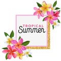 Summertime Floral Poster. Tropical Plumeria Flowers Design for Banner, Flyer, Brochure, Fabric Print. Hello Summer Royalty Free Stock Photo