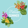 Summertime Floral Poster. Tropical Tiger Lily Flowers and Palm Leaves Design for Banner, Flyer, Brochure, Fabric Print