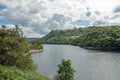 Summertime forests and mountain lake scenery in the Elan valley of Wales. Royalty Free Stock Photo