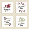 Summertime. Four square cards. Hand drawn creative flowers. Lettering. Colorful artistic background with blossom Royalty Free Stock Photo