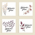 Summertime. Four square cards. Hand drawn creative flowers. Lettering. Colorful artistic background with blossom Royalty Free Stock Photo