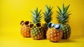 Summertime fun three stylish pineapples sporting sunglasses against a vibrant yellow background. Generative AI Royalty Free Stock Photo