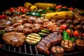 Summertime grill fest, sizzling steak, sausages, chicken, and vegetables on BBQ